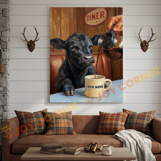 Joycorners Cattle Cow Funny Black Angus Cow Drinking Coffee In Diner Personalized Name Canvas