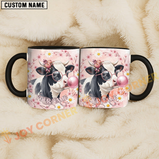 Joycorners Black and White Holstein Cow Bubblegum Flower Glasses Personalized Mug