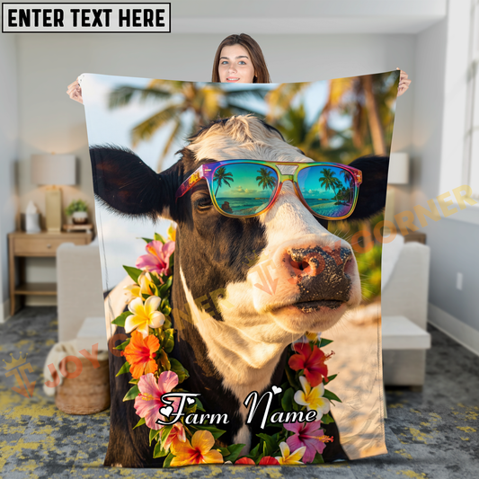 Joycorners Holstein Cow With Rainbow Sunglasses And Tropical Flowers Personalized Name Blanket