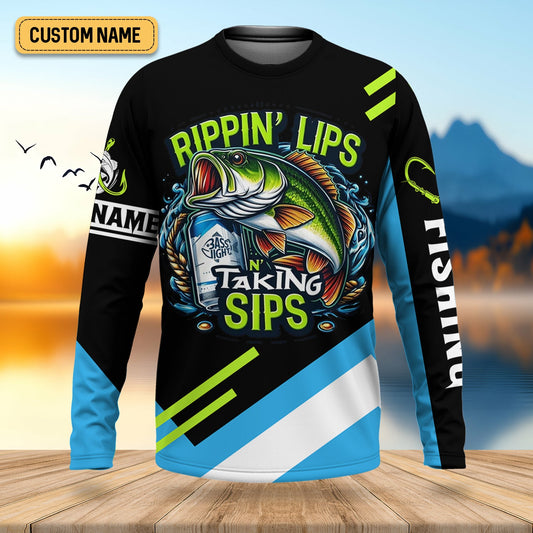 Joycorners Rippin' Lips Taking Sips SPF Long Sleeve Shirts, Beer Fishing Shirt, Funny Fishing Shirt, Fishing Shirts For Men
