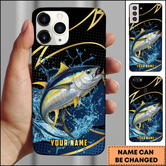 Joycorners Tuna Fishing Phone Case Dynamic Water Splash Black Gold Line Personalized Name Phone Case
