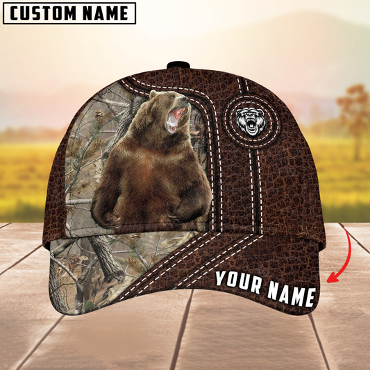 Joycorners Bear Hunting Premium Leather Pattern Mutilcolored Personalized Name 3D Cap