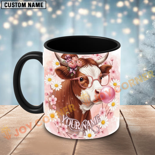 Joycorners Red and White Hereford Cow Bubblegum Flower Glasses Custom Name Mug