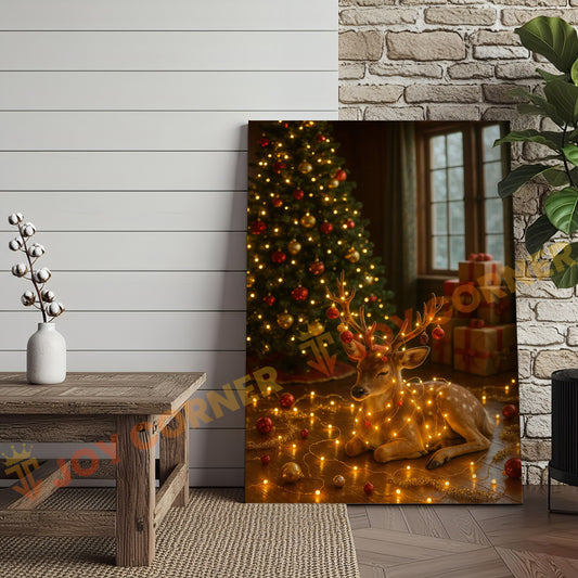 Joycorner Cozy Christmas Deer Wrapped in Fairy Lights – Festive Tree Background 3D Wrapped Canvas