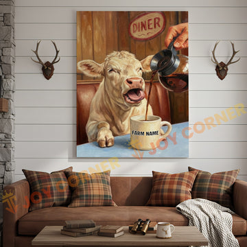 Joycorners Cattle Cow Funny Charolais Cow Drinking Coffee In Diner Personalized Name Canvas