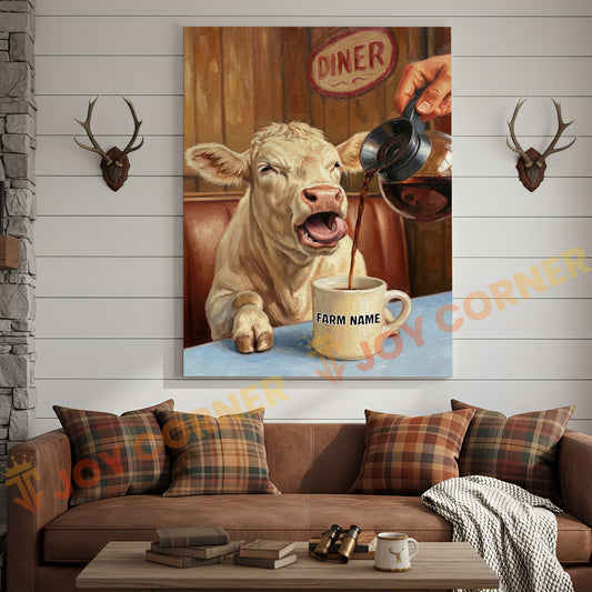 Joycorners Cattle Cow Funny Charolais Cow Drinking Coffee In Diner Personalized Name Canvas