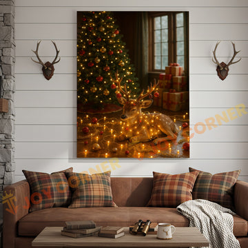 Joycorner Cozy Christmas Deer Wrapped in Fairy Lights – Festive Tree Background 3D Wrapped Canvas