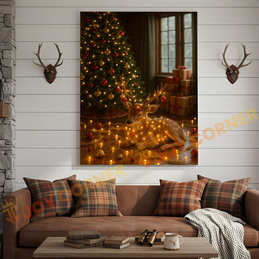 Joycorner Cozy Christmas Deer Wrapped in Fairy Lights – Festive Tree Background 3D Wrapped Canvas
