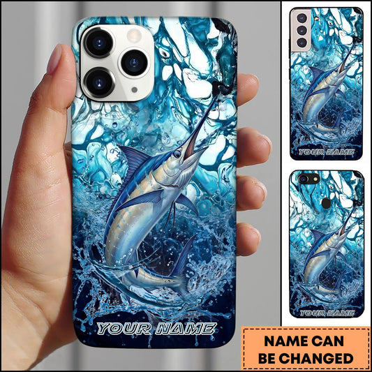 Joycorners Marlin Fishing Phone Case Blue Water Splash Fish Art Personalized Name 3D Phone Case