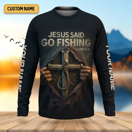 Joycorners Jesus Said Go Fishing SPF Long Sleeve Shirts, Jesus Fishing Shirt, Fishing Shirts For Men, Fisherman Gift