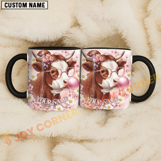 Joycorners Red and White Hereford Cow Bubblegum Flower Glasses Custom Name Mug