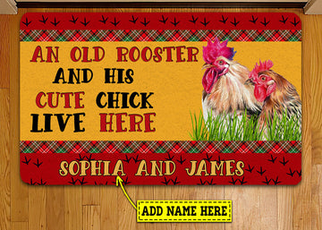 Joycorners Personalized Chicken Doormat, An Old Rooster Cute Chick Live Here Gift For Chicken Lovers, New Home Gift, Housewarming Gift, Chicken Decor LM0210