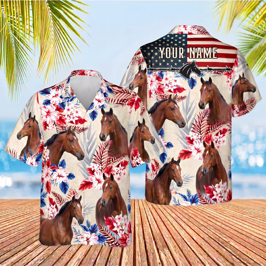 Joycorners Thoroughbred Horse Custom Name US Flag Vintage Red Floral 3D Hawaiian Shirt