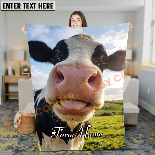 Joycorners Holstein Cow Nose Close Up In Green Pasture Personalized Name Blanket