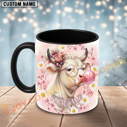 Joycorners White Charolais Cow Bubblegum Flower Glasses Personalized Mug