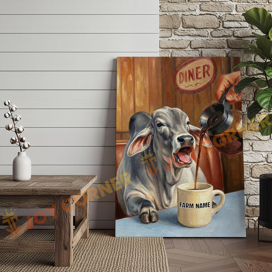 Joycorners Cattle Cow Funny Brahman Cow Drinking Coffee In Diner Personalized Name Canvas