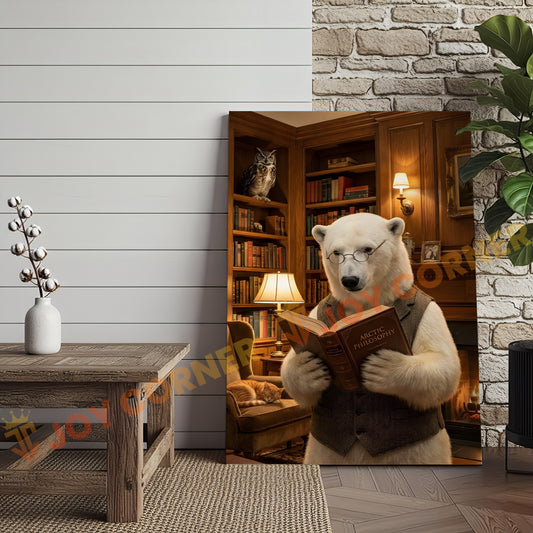 Joycorners Wise Polar Bear Reading Book Cozy Library Canvas