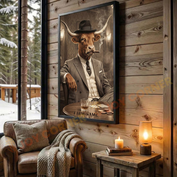 Joycorners Texas Longhorn Mafia Style Smoking Cigar Classic Bar Scene Personalized Name Wall Art Canvas