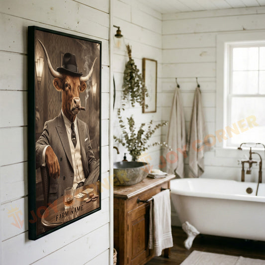 Joycorners Texas Longhorn Mafia Style Smoking Cigar Classic Bar Scene Personalized Name Wall Art Canvas
