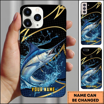 Joycorners Marlin Fishing Phone Case Dynamic Water Splash Black Gold Line Personalized Name Phone Case