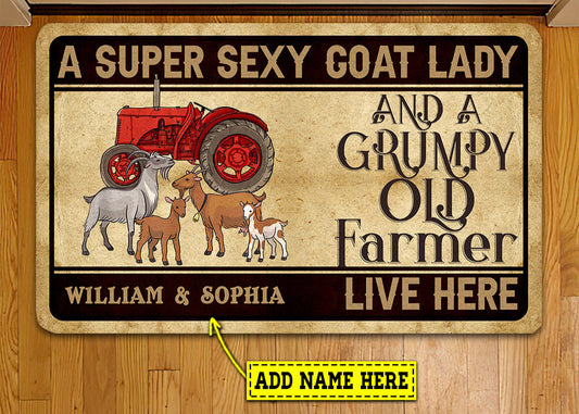 Joycorners Personalized Goat Doormat, A Super Sexy Goat Lady Grumpy Old Farmer Live Here Gift For Goat Lovers, New Home Gift, Housewarming Gift, Goat Decor LM0210