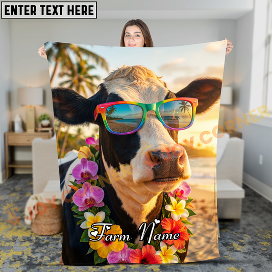 Joycorners Holstein Cow With Rainbow Sunglasses Tropical Sunset Beach Personalized Name Blanket