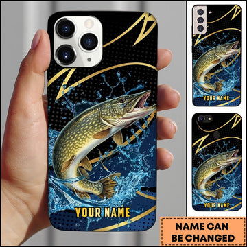 Joycorners Pike Fishing Phone Case Dynamic Water Splash Black Gold Line Personalized Name Phone Case