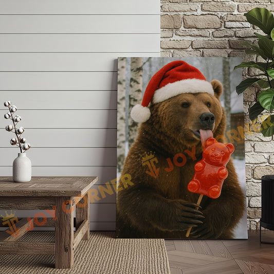 Joycorner Christmas Bear Licking Candy Bear Pop – Funny Holiday Winter Scene 3D Wrapped Canvas