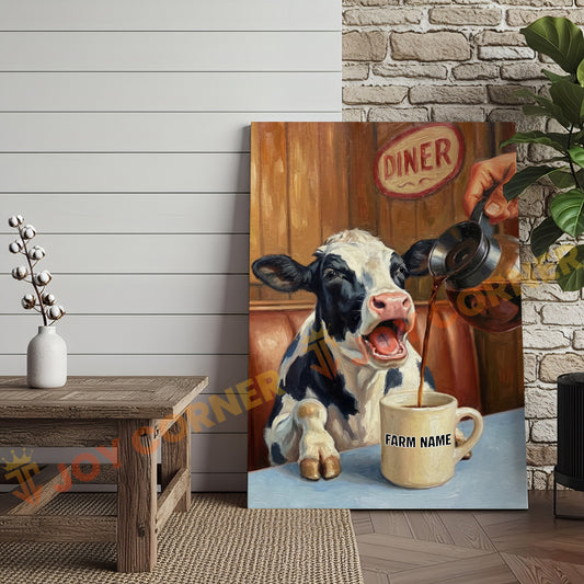 Joycorners Cattle Cow Funny Holstein Cow Drinking Coffee In Diner Personalized Name Canvas