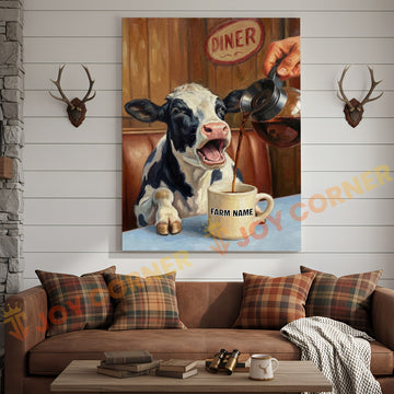 Joycorners Cattle Cow Funny Holstein Cow Drinking Coffee In Diner Personalized Name Canvas