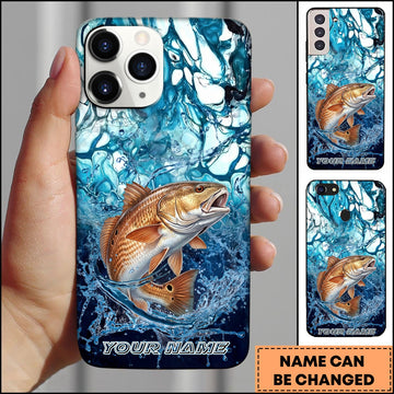 Joycorners Red Fish Fishing Phone Case Blue Water Splash Fish Art Personalized Name 3D Phone Case