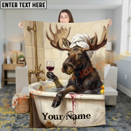 Joycorners Humorous Moose in Bathtub Drinking Wine Personalized 3D Blanket