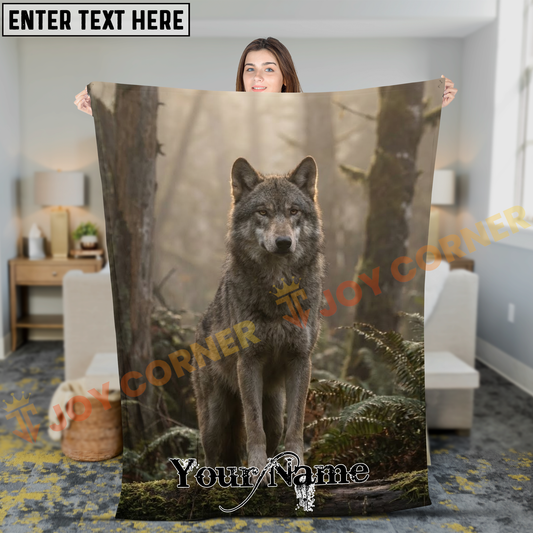 Joycorners Elegant Grey Wolf Standing Proud in Forest Fog Personalized 3D Blanket