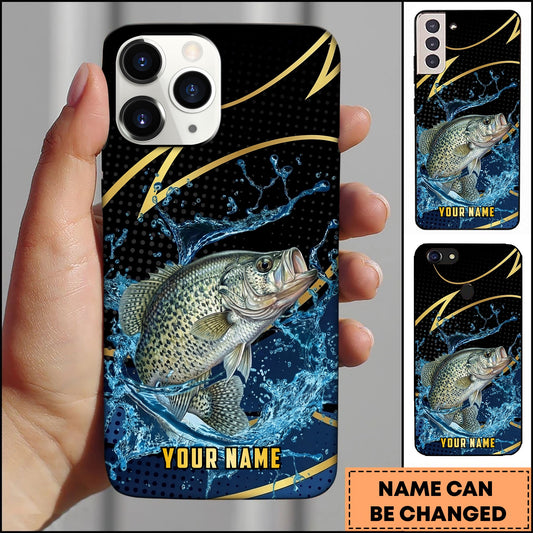 Joycorners Crappie Fishing Phone Case Dynamic Water Splash Black Gold Line Personalized Name Phone Case