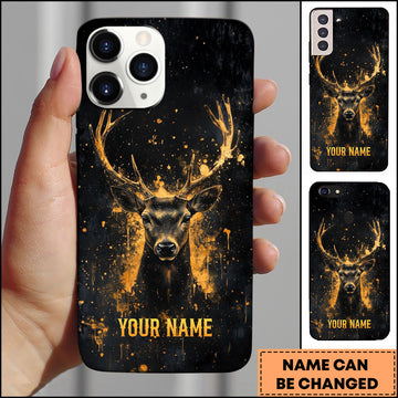Joycorners Artist Hunting Deer Golden Orange Splatter Paint Black Background Personalized Name Phone Case