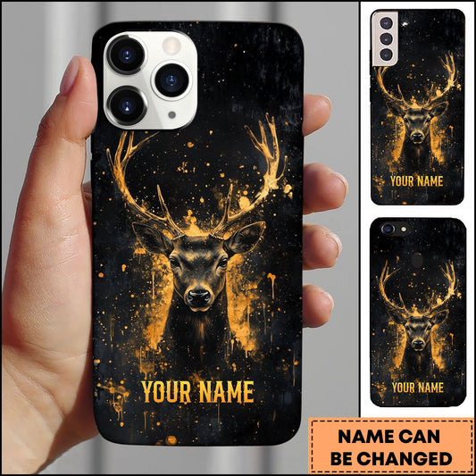 Joycorners Artist Hunting Deer Golden Orange Splatter Paint Black Background Personalized Name Phone Case