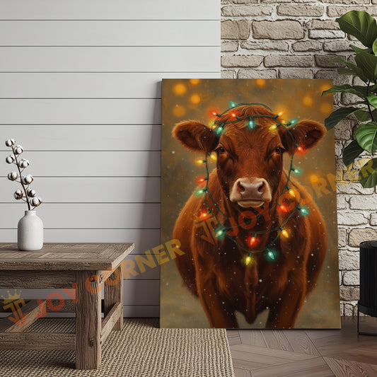 Joycorner Red Angus Cow Christmas Lights 3D Wrapped Canvas