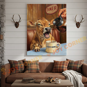 Joycorners Cattle Cow Funny Jersey Cow Drinking Coffee In Diner Personalized Name Canvas
