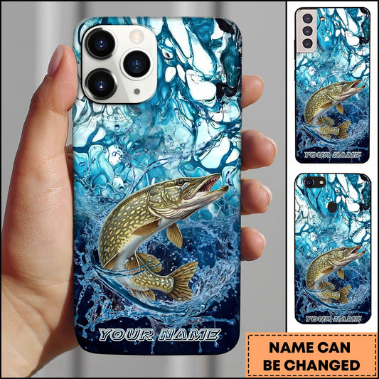 Joycorners Pike Fishing Phone Case Blue Water Splash Fish Art Personalized Name 3D Phone Case