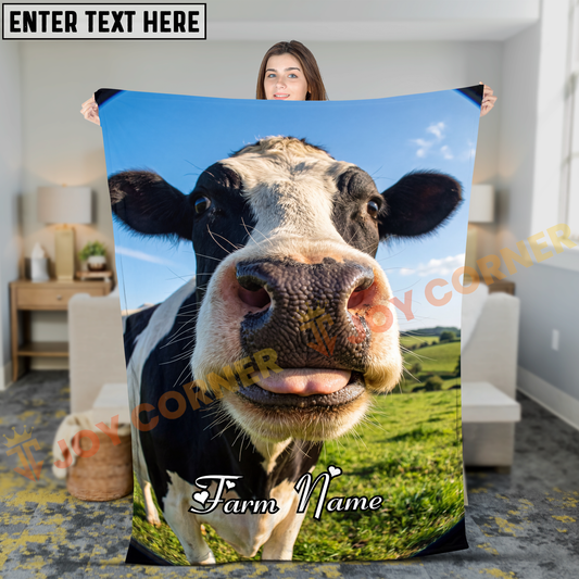 Joycorners Holstein Cow Happy Face Close Up In Green Field Personalized Name Blanket