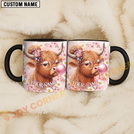 Joycorners Ginger Highland Cow Bubblegum Flower Glasses Personalized Mug