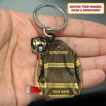 Joycorners Personalized Firefighter Armor Shaped Flat Acrylic Keychain, Firefighter Outfit Uniform Helmet Keychain 2D Flat LM1811