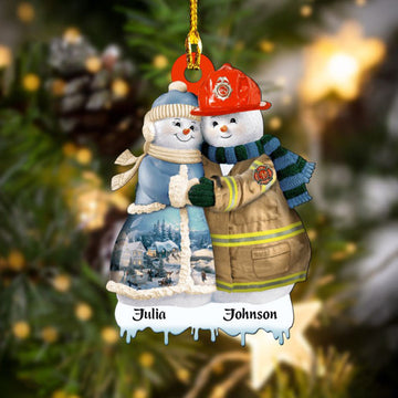 Joycorners Personalized Firefighter Snowman Couple Ornament for Fireman, Firefighter Christmas Acrylic Ornament for Husband 2D Flat LM1811