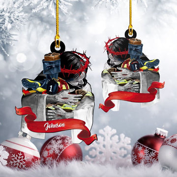 Joycorners Customized Jesus Hug Firefighter Christmas Acrylic Ornament for Him 2D Flat LM1811