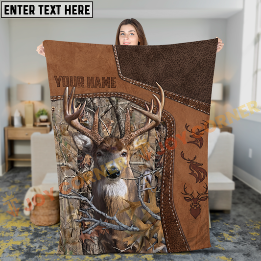 Joycorners Leather Patch Whitetail Deer Hunting Camo Personalized 3D Blanket