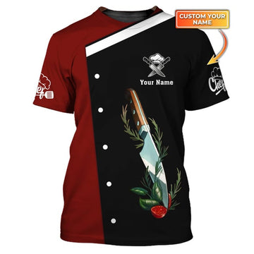 Joycorners Chef Custom Tee Shirt Chef Knife Tattoo 3D Shirts Cook Tshirt Chef Uniform Black & Red