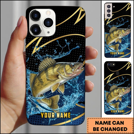 Joycorners Walleye Fishing Phone Case Dynamic Water Splash Black Gold Line Personalized Name Phone Case
