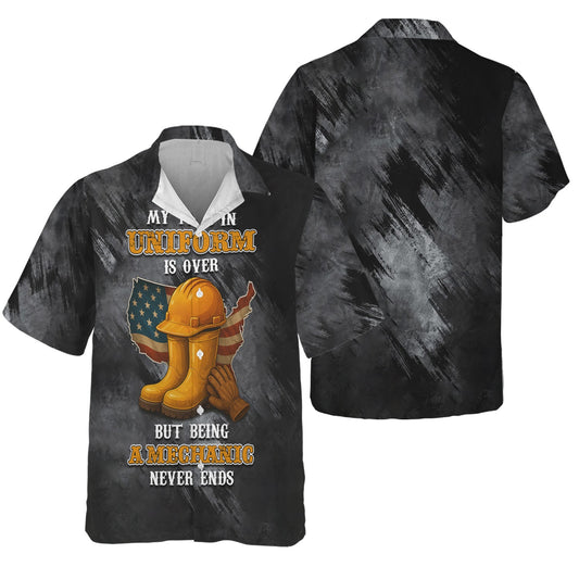 Joycorners Funny Mechanic T Shirt My Time In Uniform Is Over But Being A Mechanic Never Ends American Flag Auto Repair Garage Workwear Gift For Men Dad PT2609