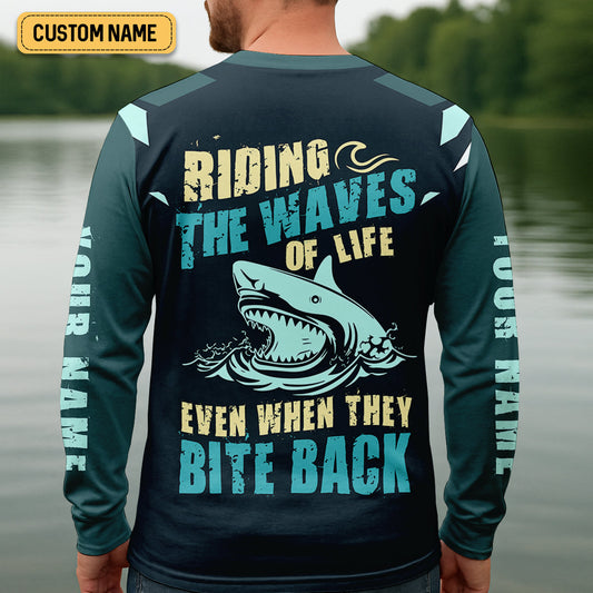 Joycorners Riding The Waves Of Life Even When They Bite Back SPF Shirt For Men, Funny Fishing Shirt, Fishing Shirts For Men