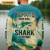 Joycorners Bigfoot's New Ride Shark Surfing Fishing UPF Shirts, Funny Fishing Shirt, Presents For Fishermen